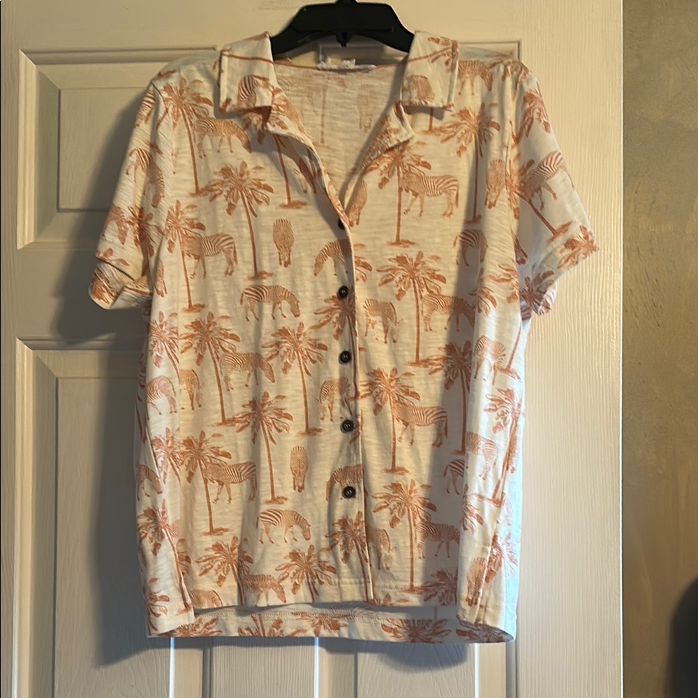 Cream and Orange Button Down Shirt with Tropical Flair